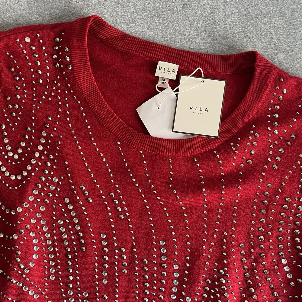 Vila‎ Milano Women's XL Long Sleeve Sweater Crimson Red Rhinestones Holiday